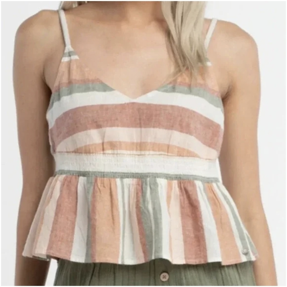 Roxy pink and white striped Linen Cotton Peplum tank top Festival Boho Vacay XL